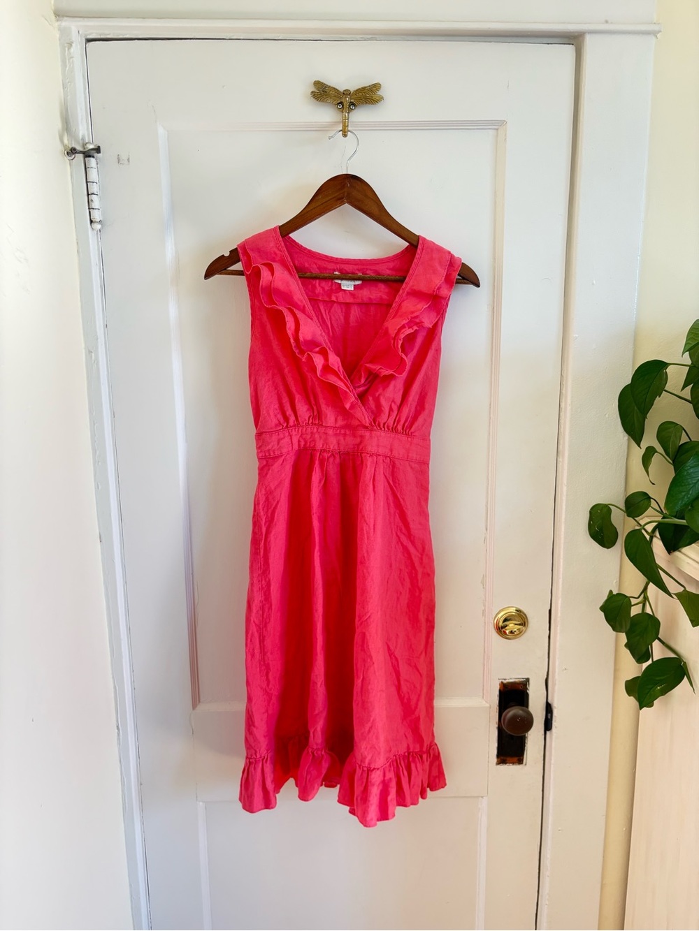 Monsoon Linen Ruffled V-Neck Pink Dress with Waist Tie Size 4